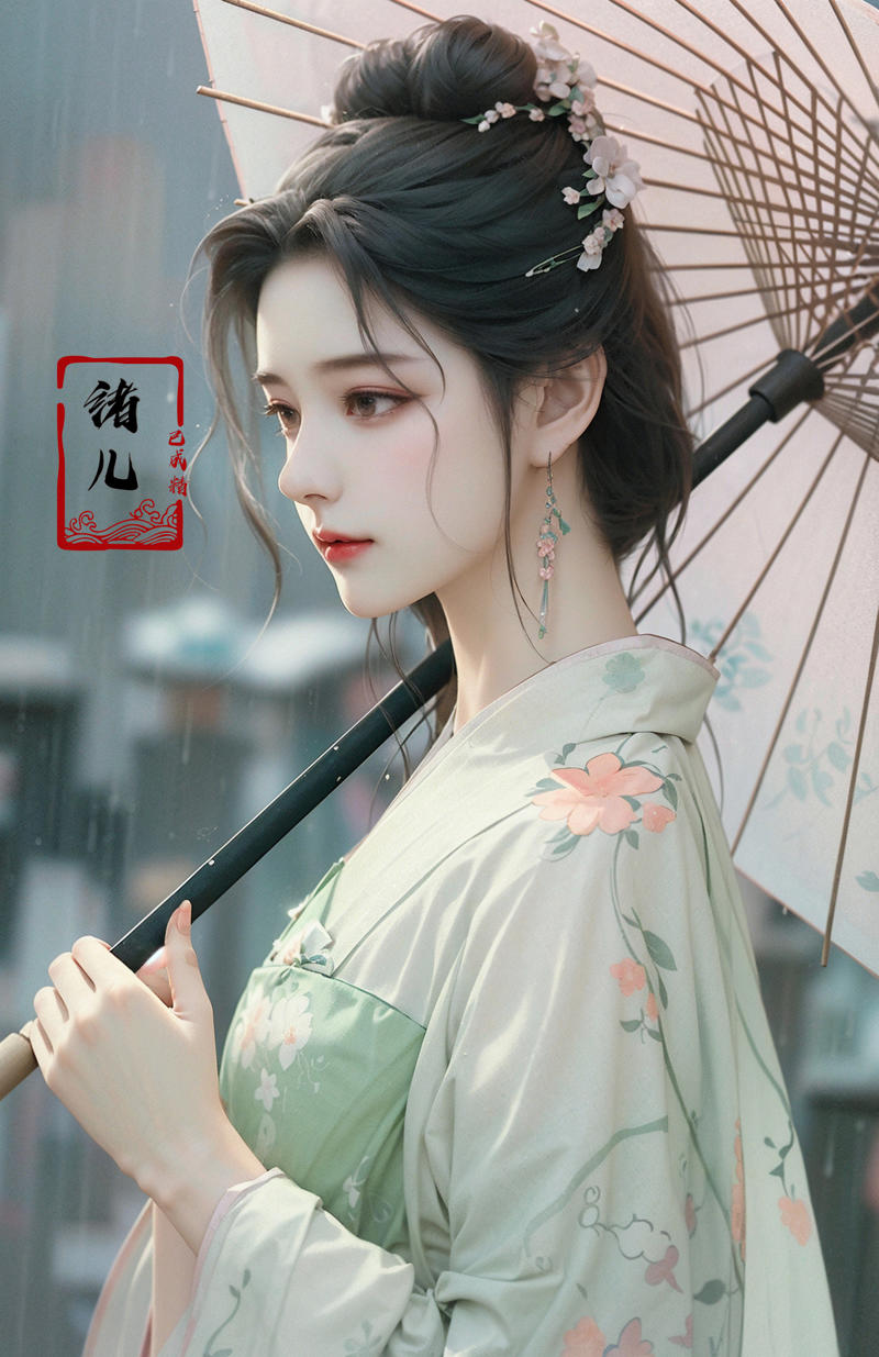 606247209521968598-3862213979-A woman holds a oil-paper umbrella on her shoulder to shelter from the rain as part of a fashion event in the style of Yue Xiaof.jpg